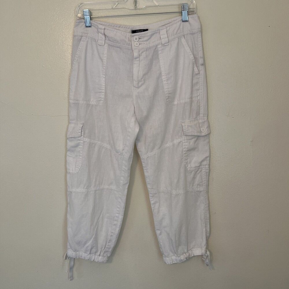 CHAPS Women’s Linen & Cotton Cropped Wide Leg Cargo Pants, White- Size 6